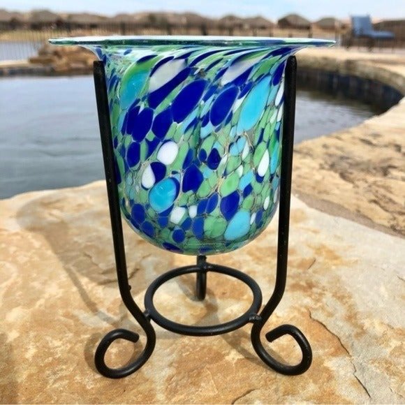 Vtg Blown Glass Candle Holder Small Vase On Metal Stand Murano Style